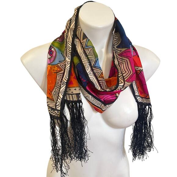 Laurel Burch Tribal Felines 100% Silk Scarf Black Fringe Cat Scarf - Picture 4 of 6